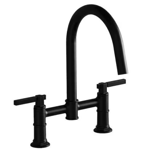 BWE Modern Double-Handle 2-Holes Deck Mount Bridge Kitchen Faucet with 360 Swivel Spout Sink Faucet in Matte Black - Lot 325