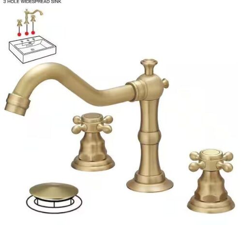 BWE 8 in. Widespread Double-Handle Black Bathroom Faucet 3-Holes Vanity Sink Water-Saving with Metal Drain in Antique Brass - Lot 329