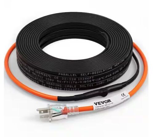 VEVOR 100ft. Pipe Heat Cable 5W/ft. Self-Regulating Heat Tape IP68 110V with Build-in Thermostat for PVC Metal Plastic Hose - Lot 420