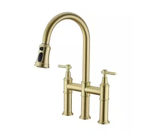 Double Handle Bridge Kitchen Faucet with Pull Down Sprayer Brass 8 in. 3 Holes Kitchen Sink Faucets in Brushed Gold - Lot 426