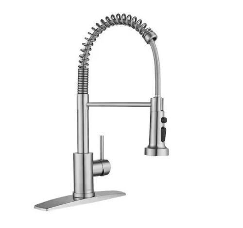 FORIOUS Single Spring Handle Kitchen Faucet with Pull Down Sprayer Kitchen Sink Faucet with Deck Plate in Brushed Nickel - Lot 428