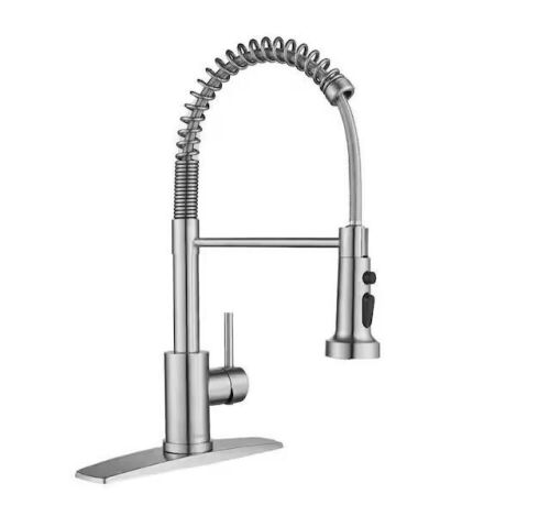 FORIOUS Single Spring Handle Kitchen Faucet with Pull Down Sprayer Kitchen Sink Faucet with Deck Plate in Brushed Nickel - Lot 429