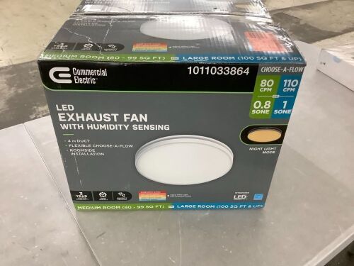Commercial Electric 80 /110 CFM Ceiling Mount Room Side Installation Round Bathroom Exhaust Fan with LED, Night Light and Humidity Sensor - Lot 445