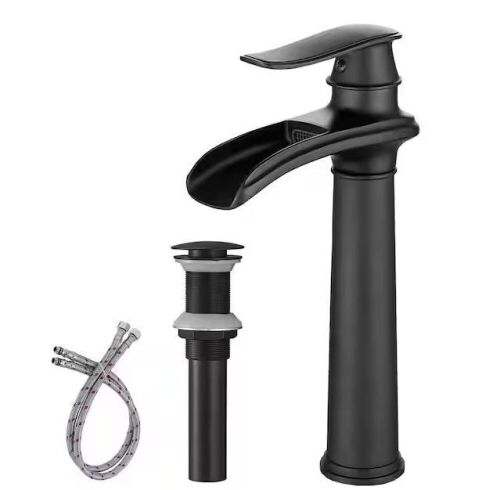 BWE Waterfall Single Hole Single Handle Bathroom Vessel Sink Faucet With Pop-up Drain Assembly in Matte Black - Lot 446