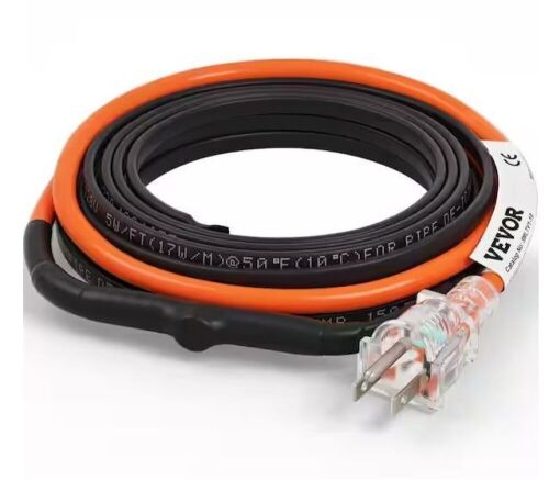 VEVOR 18 ft. Pipe Heat Cable 5W/ft. Self-Regulating Heat Tape IP68 110Volt with Build-in Thermostat for PVC Metal Plastic Hose - Lot 501