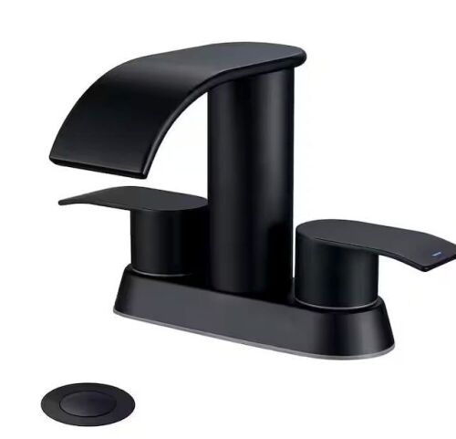 4 in. Centerset Double-Handle Waterfall Spout Bathroom Vessel Sink Faucet with Pop Up Drain Kit in Matte Black - Lot 504