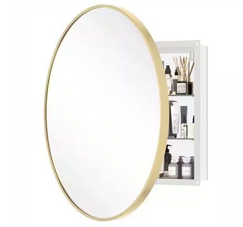 WallBeyond 24 in. W x24 in. H Round Gold Aluminum Alloy Framed Medicine Cabinet with Mirror  - Lot 533