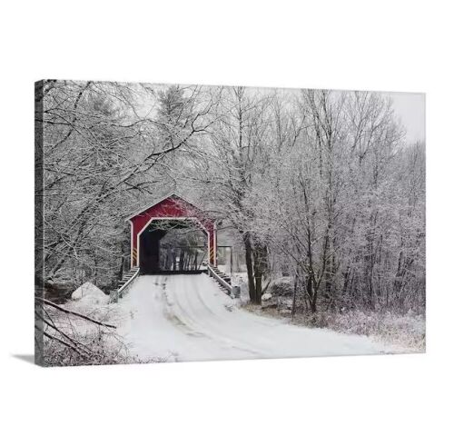 "Red Covered Bridge In The Winter; Adamsville Quebec Canada" by David Chapman Canvas Wall Art - Lot 143
