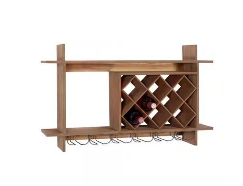 Litton Lane 9-Bottle Brown Geometric Wall Wine Rack with 6 Glass Holder Slots - Lot 228