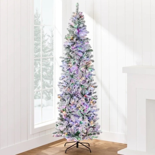 Pre-Lit Snow Flocked Artificial Pencil Christmas Tree w/ Multicolor Lights -9ft - Lot 164