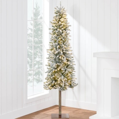 Pre-Lit Flocked Alpine Slim Pencil Christmas Tree w/ LED Lights, Stand - Lot 9653