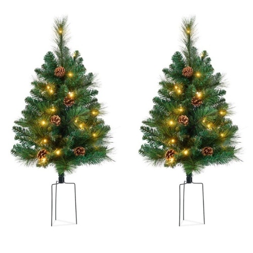 Set of 2 Pre-Lit Pathway Christmas Trees w/ Pine Cones, Timer - 24.5in - Lot 9893