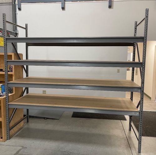 Lyon Steel Storage Rack with (4) Shelves. 8 ft. tall x 3 ft. deep x 8 ft. wide. Includes Wood Decking. Excellent Like New Condition. Currently Unassembled and Ready for Transport - Lot 11