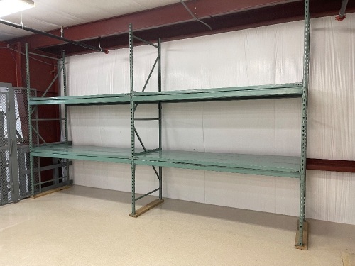 (2) Sections of 3 ft. deep Pallet Racking. Lot Includes: (3) 10 ft. Teardrop Style Uprights, (8) 8 ft. Beams to make 4 Shelves, and Metal Decking for the Shelves. Excellent Condition. Currently Unassembles and Ready for Transport - Lot 13
