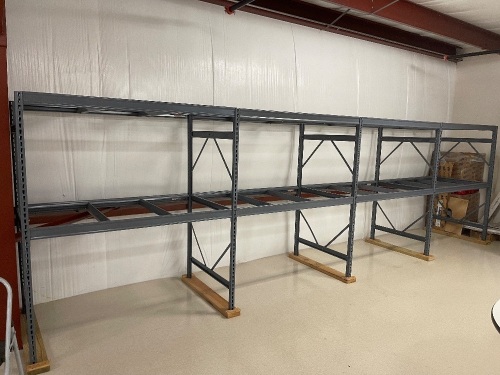 (4) Sections of 6 ft. tall x 3 ft. deep Edsal Metal Storage Rack. Lot Includes: (5) 6 ft. x 3 ft. Uprights, (12) 5 ft. Beams to make 6 Shelves, and Metal Decking for the Shelves. Excellent Condition. Currently Unassembled and Ready for Transport - Lot 14