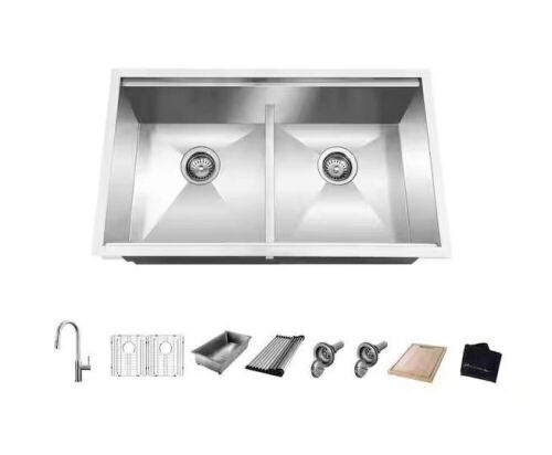 Glacier Bay Zero Radius 33 in. Undermount 50/50 Double Bowl 18 Gauge Stainless Steel Workstation Kitchen Sink with Pull-Down Faucet - Lot 77
