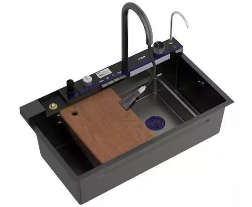 FUFU&GAGA 31.5 in. Drop-in Single Bowl Black 304 Stainless Steel Kitchen Sink Flying Rain Waterfall, Pull-Down Faucet Kitchen Set - Lot 79
