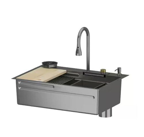 33.2 in. W Drop-in Single Bowl Matte Black Stainless Steel Kitchen Sink Workstation Set With Waterfall, Pull-Down Faucet - Lot 80
