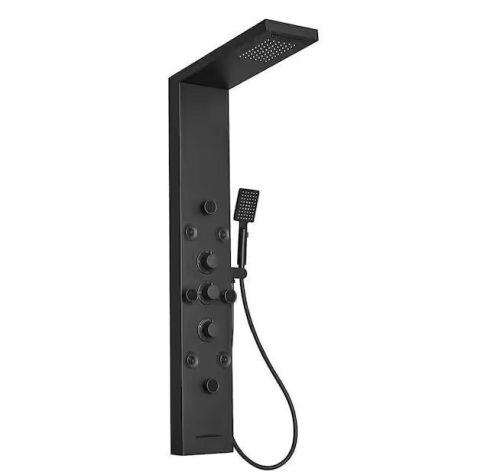 HOMEMYSTIQUE 5-in-1, 8-Jet Shower Panel Tower System with Rainfall Waterfall Shower Head, and Massage Body Jets in Matte Black - Lot 355