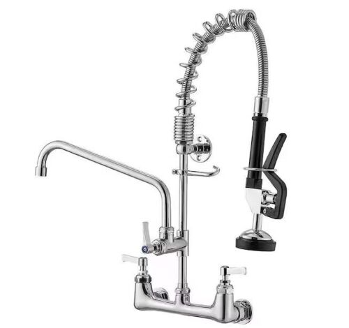 BWE Commercial Restaurant Pull Down 2-Handle Wall Mount Pre-Rinse Spray Utility Kitchen Faucet in Polished Chrome - Lot 359
