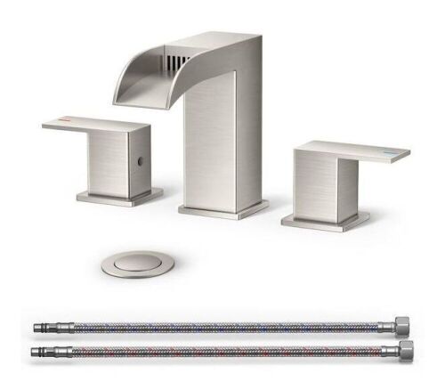 androme Waterfall 8 in. Widespread Double Handle Bathroom Faucet with Drain Kit 3-Hole Vanity Sink Set in Brushed Nickel - Lot 133