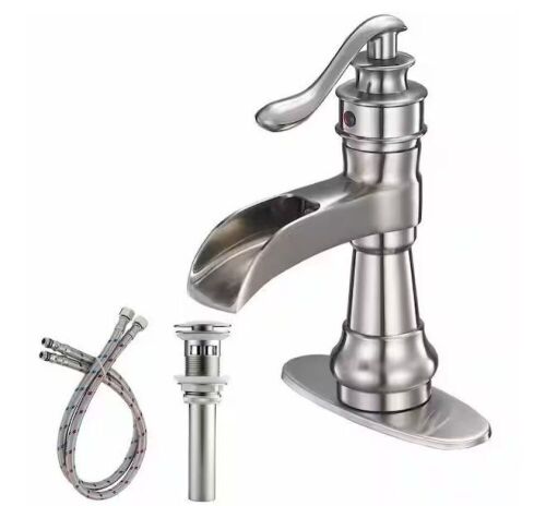 FLG Single Handle Single Hole Waterfall Bathroom Sink Faucet with Pop-up Drain Kit and Deck Plate Included in Brushed Nickel - Lot 530