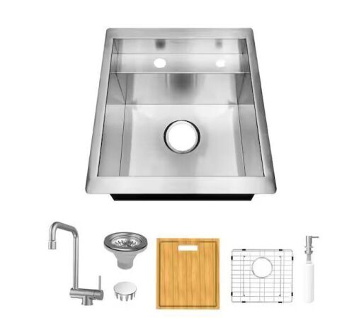 Glacier Bay Zero Radius 17 in. Undermount 18G Stainless Steel Single Bowl Workstation Bar Sink with Folding Faucet - Lot 74