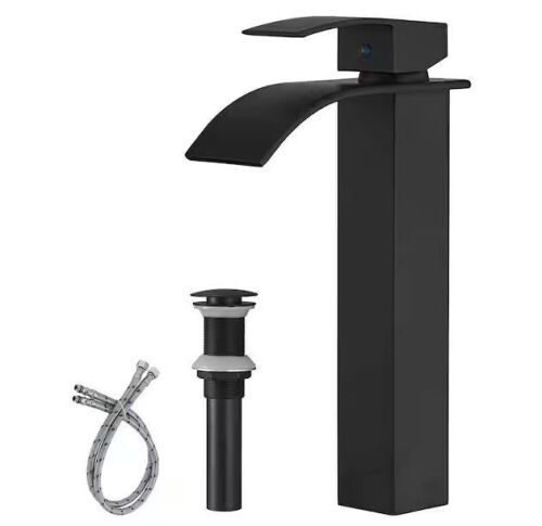 BWE Waterfall Single Hole Single Handle Bathroom Vessel Sink Faucet With Pop-up Drain Assembly in Matte Black - Lot 630