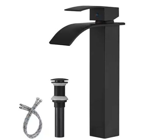 BWE Waterfall Single Hole Single Handle Bathroom Vessel Sink Faucet With Pop-up Drain Assembly in Matte Black - Lot 631