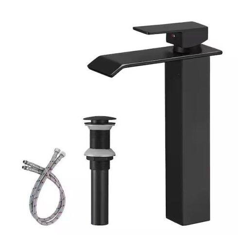 BWE Waterfall Single Hole Single Handle Bathroom Vessel Sink Faucet With Pop-up Drain Assembly in Matte Black - Lot 633