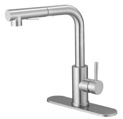 BWE Single Hole Single-Handle Pull Out Kitchen Faucet with Pull Down Sprayer with Deck Plate Utility in Brushed Nickel - Lot 635