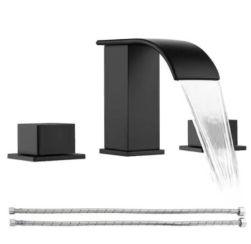 8 in. Widespread Double Knob Handles Waterfall Spout Bathroom Sink Faucet with Supply Lines in Matte Black - Lot 232