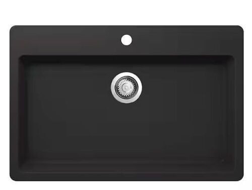 Glacier Bay Stonehaven 33 in. Drop-In Single Bowl Black Onyx Granite Composite Kitchen Sink with Stainless Steel Strainer - Lot 84