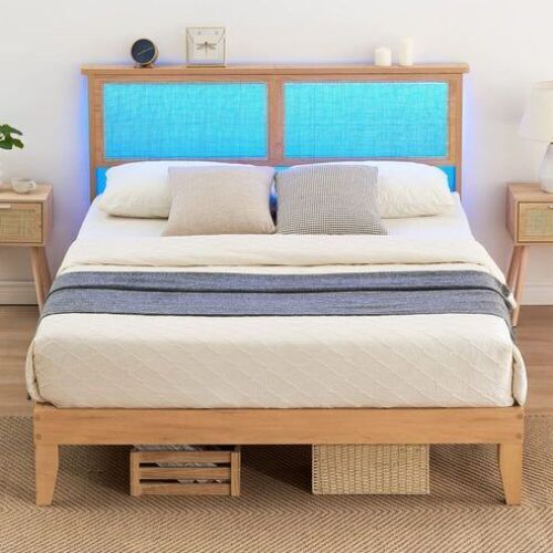 GARVEE Queen Bed Frame with LED Lights, Curved Rattan Headboard, Wooden Support Legs - Lot 59