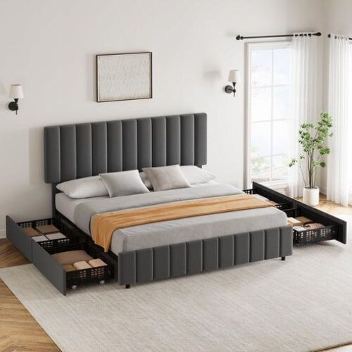 GARVEE Grey Queen Linen Upholstered Bed Frame with 4 Storage Drawers, Adjustable Headboard, Sturdy Wooden Slats - Lot 29