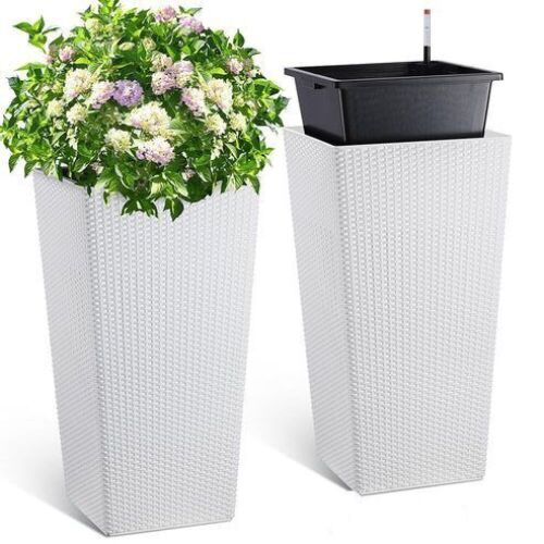GARVEE 30 Inch Tall Self-Watering Rattan Planter, Set of 2 - 1 Tray Damaged - Lot 98