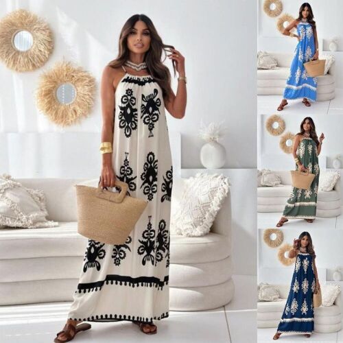 Lot of (2) Women's Boho Suspender One-Piece Collar Sleeveless Casual Maxi Dress, Apricot & Blue, Small  - Lot 265