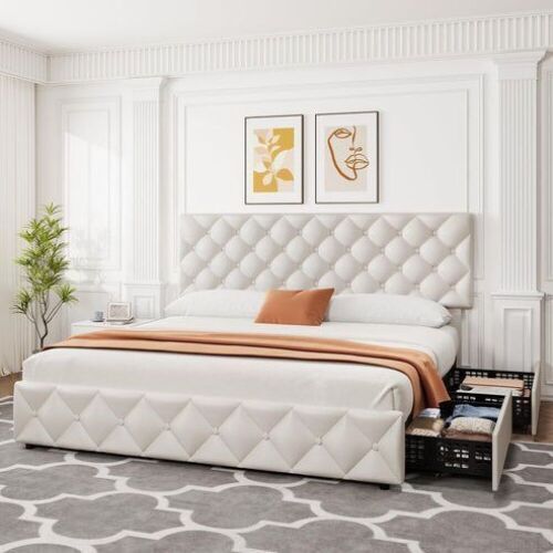 King Size Faux Leather Upholstered Platform Bed Frame with Adjustable Headboard, 4 Storage Drawers  - Lot 188