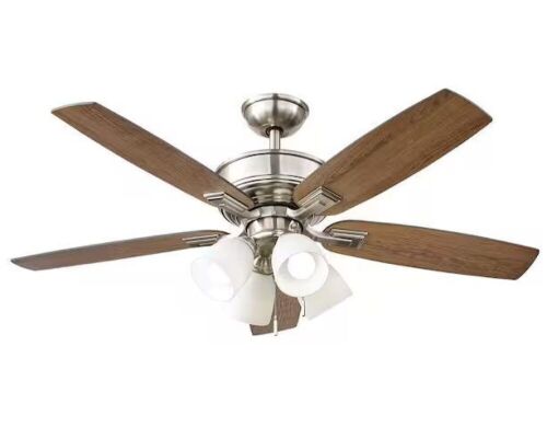 Hampton Bay Devron II 52 in. Indoor Brushed Nickel LED Ceiling Fan with Light Kit, Downrod and Reversible Blades - Lot 481JF