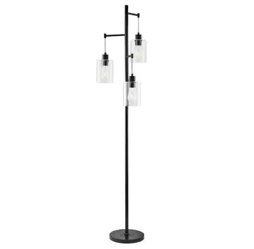 Merra 65 in. Black Industrial Floor Lamp with Hanging Glass Shades 3-Light - Lot 490JF
