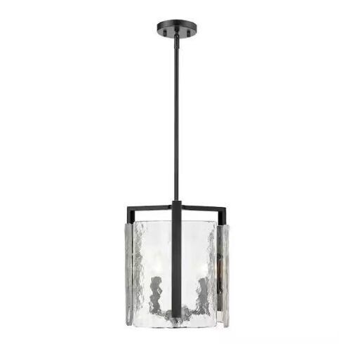 Golden Lighting Aenon 3-Light Matte Black and Hammered Water Glass Linear Pendant Light - Lot 491JF