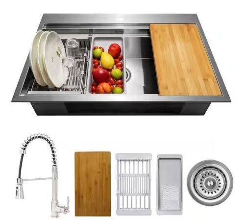AKDY Handmade All-in-One Topmount Stainless Steel 33 in. x 22 in. Single Bowl Kitchen Sink w/ Spring Neck Faucet, Accessory - Lot 86JF