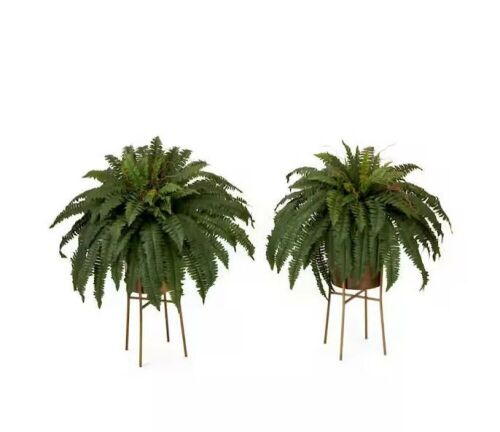 Nearly Natural 32 in. Artificial Green Boston Fern Plant with Metal Planter with Stand DIY Kit, Set of 2 - Lot 405JF