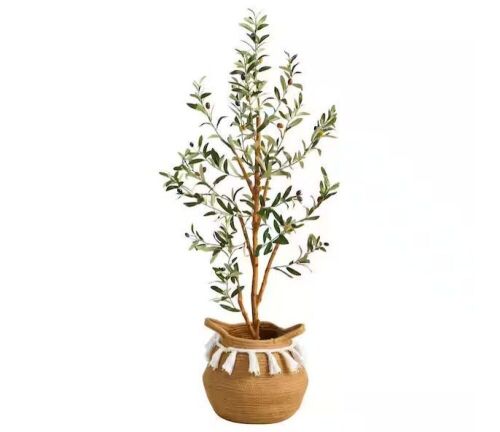 Nearly Natural 42 in. Green Artificial Olive Tree in Handmade Jute and Cotton Basket with Tassels - Lot 406JF