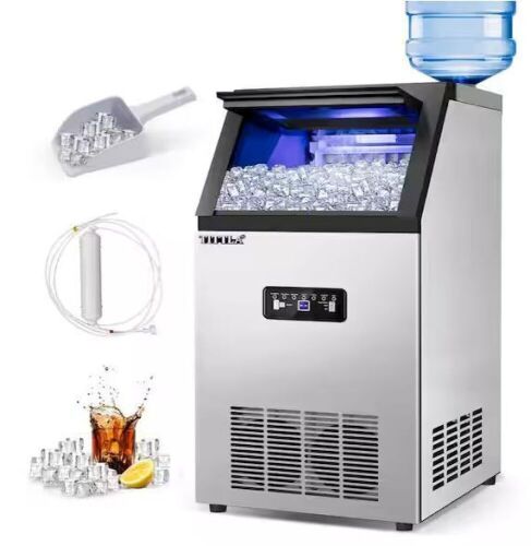 TITTLA 14 in. 100 lbs. Full Size Ice Cubes per day Ice Maker with Blue LEDs Interior in Silver Stainless Steel - Lot 17JF