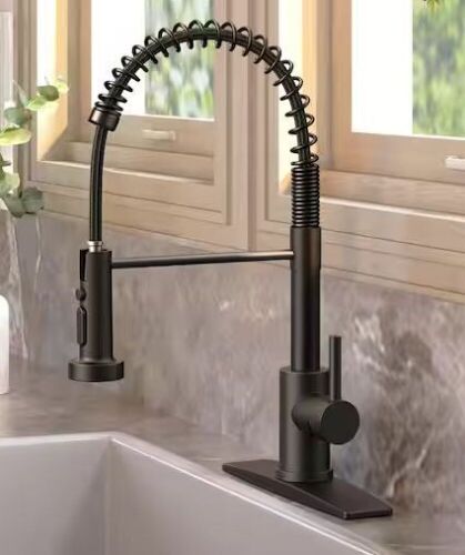 Single-Handle Pull Down Sprayer Coil Spring High-Arc Kitchen Faucet with Deckplate Lead-Free Sink Faucet in Matte Black - Lot 232JF