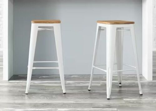 StyleWell Finwick White Metal Backless Bar Stool with Natural Wood Seat, Set of 2 - Lot 56JF