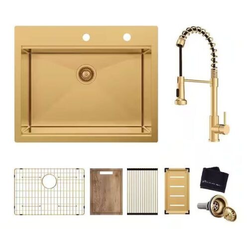 Glacier Bay 33 in. Drop In Single Bowl 18-Gauge Gold Stainless Steel Workstation Kitchen Sink with Spring Neck Faucet - Lot 40JF