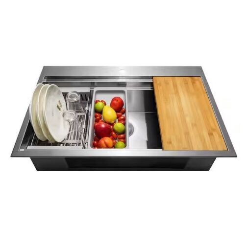 AKDY Handmade Drop-In 33 in. x 22 in. Single Bowl Stainless Steel Workstation Kitchen Sink with Accessories - Lot 54JF