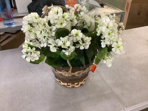 Nearly Natural Indoor/Outdoor UV Resistant White Geranium Hanging Basket Artificial Plant - Lot 204JF